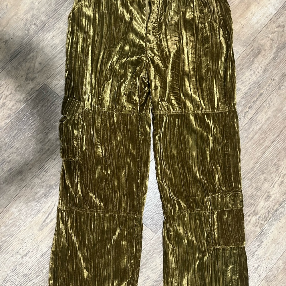 Olive Crinkle Velvet Wide-Leg Pants